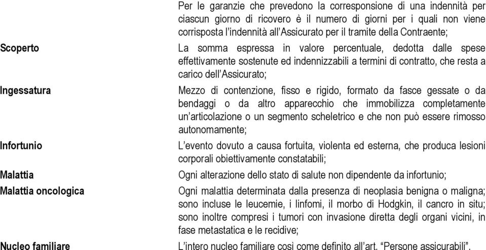 Infortunio Malattia Malattia oncologica Nucleo familiare Mezzo di contenzione, fisso e rigido, formato da fasce gessate o da bendaggi o da altro apparecchio che immobilizza completamente un