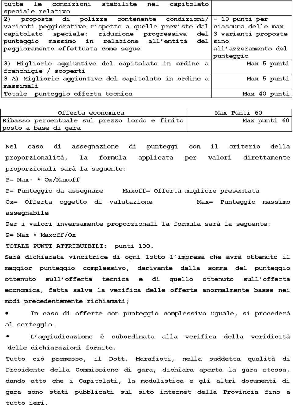 del capitolato in ordine a massimali Totale punteggio offerta tecnica - 10 punti per ciascuna delle max 3 varianti proposte sino all azzeramento del punteggio Max 5 punti Max 5 punti Max 40 punti