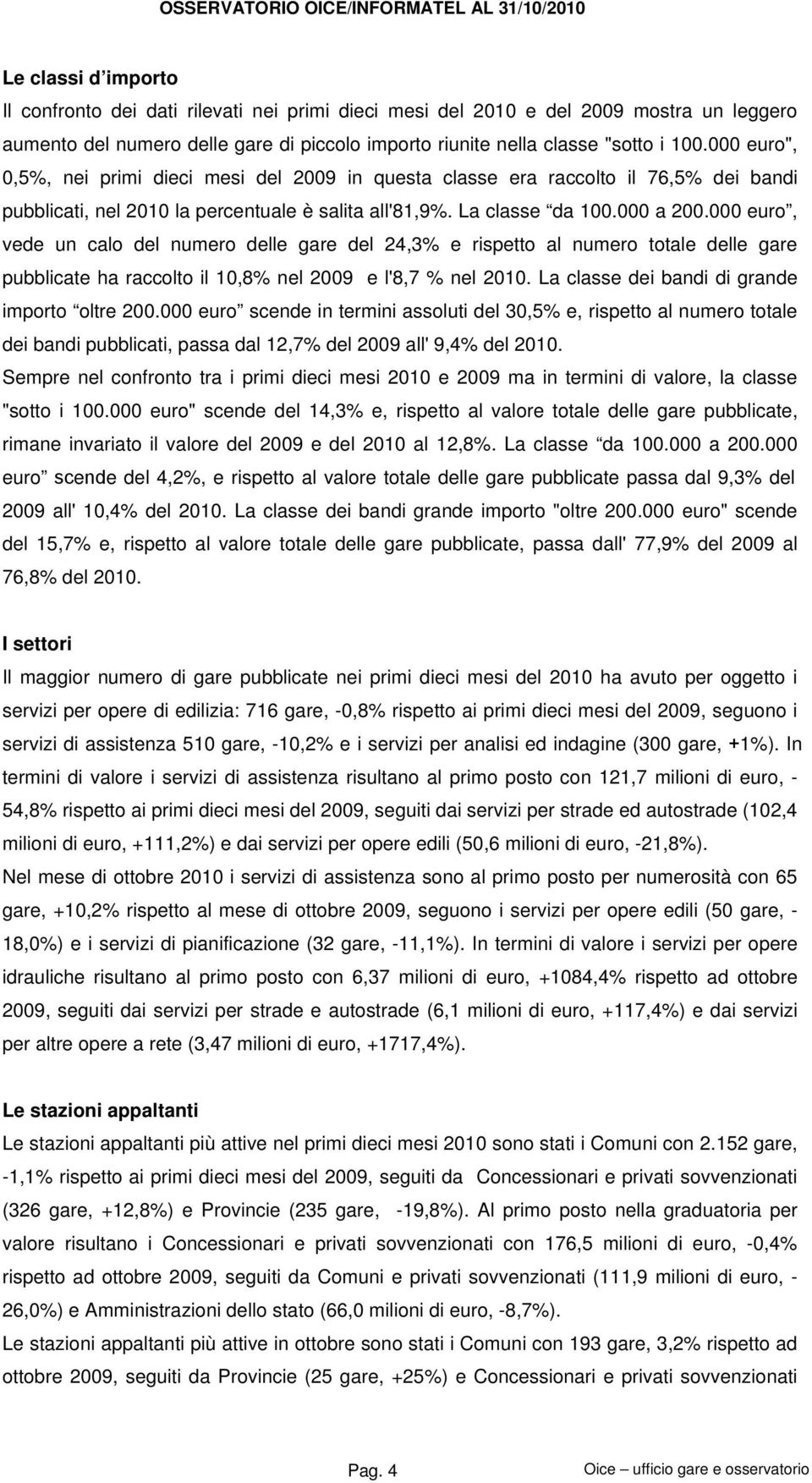 La classe da 100.000 a 200.000 euro, vede un calo del numero delle gare del 24,3% e rispetto al numero totale delle gare pubblicate ha raccolto il 10,8% nel 2009 e l'8,7 % nel 2010.