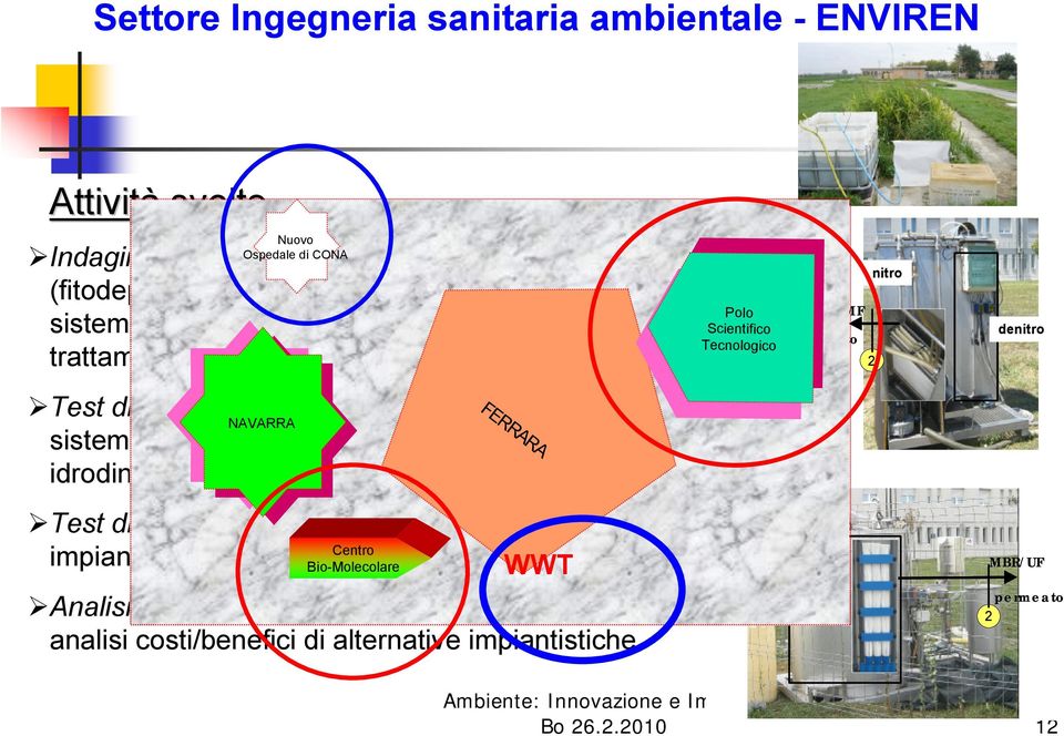 idrodinamica, verifica dei rendimenti di rimozione) FERRARA Test di laboratorio relativi all ottimizzazione di sistemi Centro impiantistici Bio-Molecolare WWT Analisi economiche di