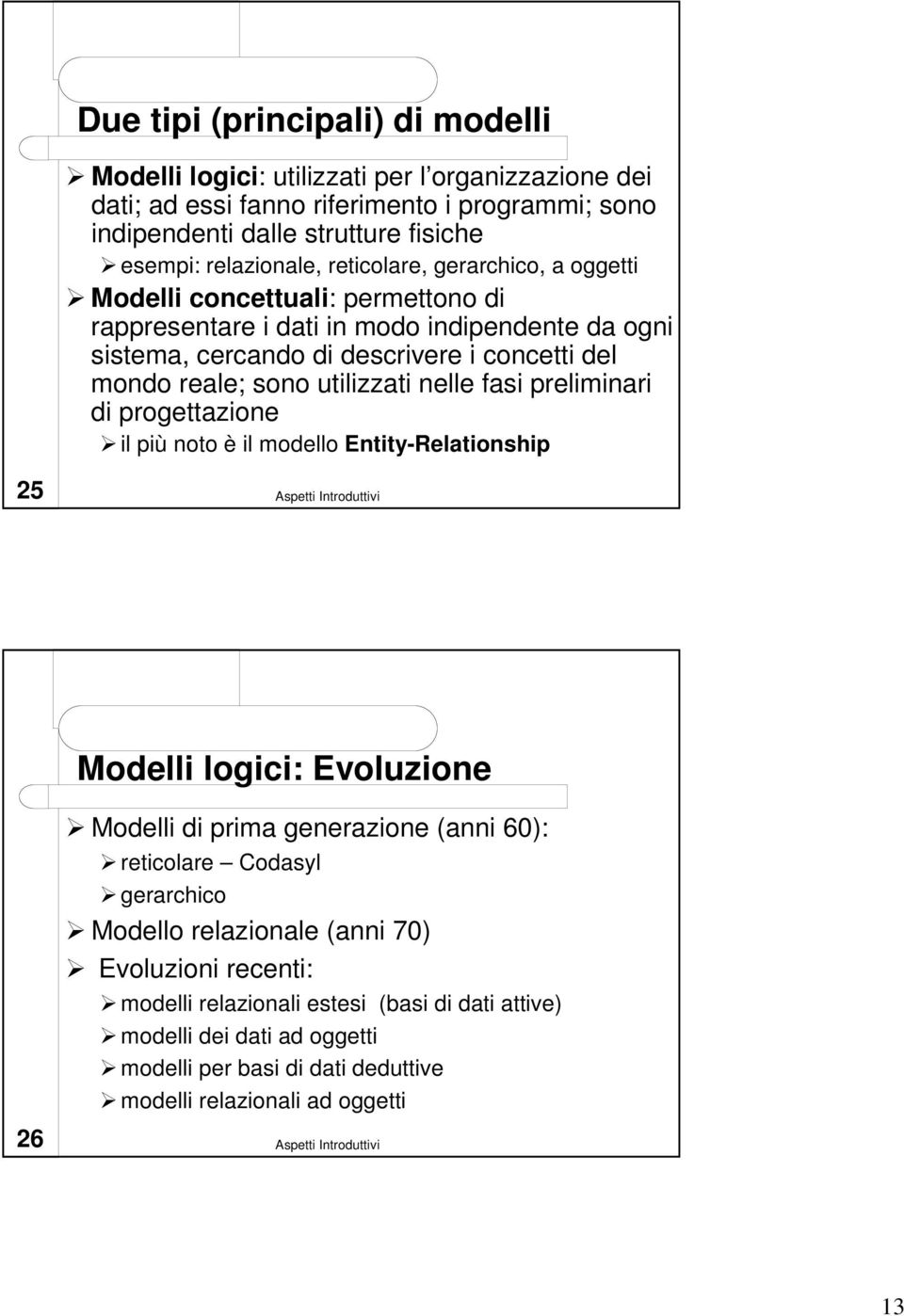 utilizzati nelle fasi preliminari di progettazione il più noto è il modello Entity-Relationship 25 Modelli logici: Evoluzione 26 Modelli di prima generazione (anni 60): reticolare Codasyl