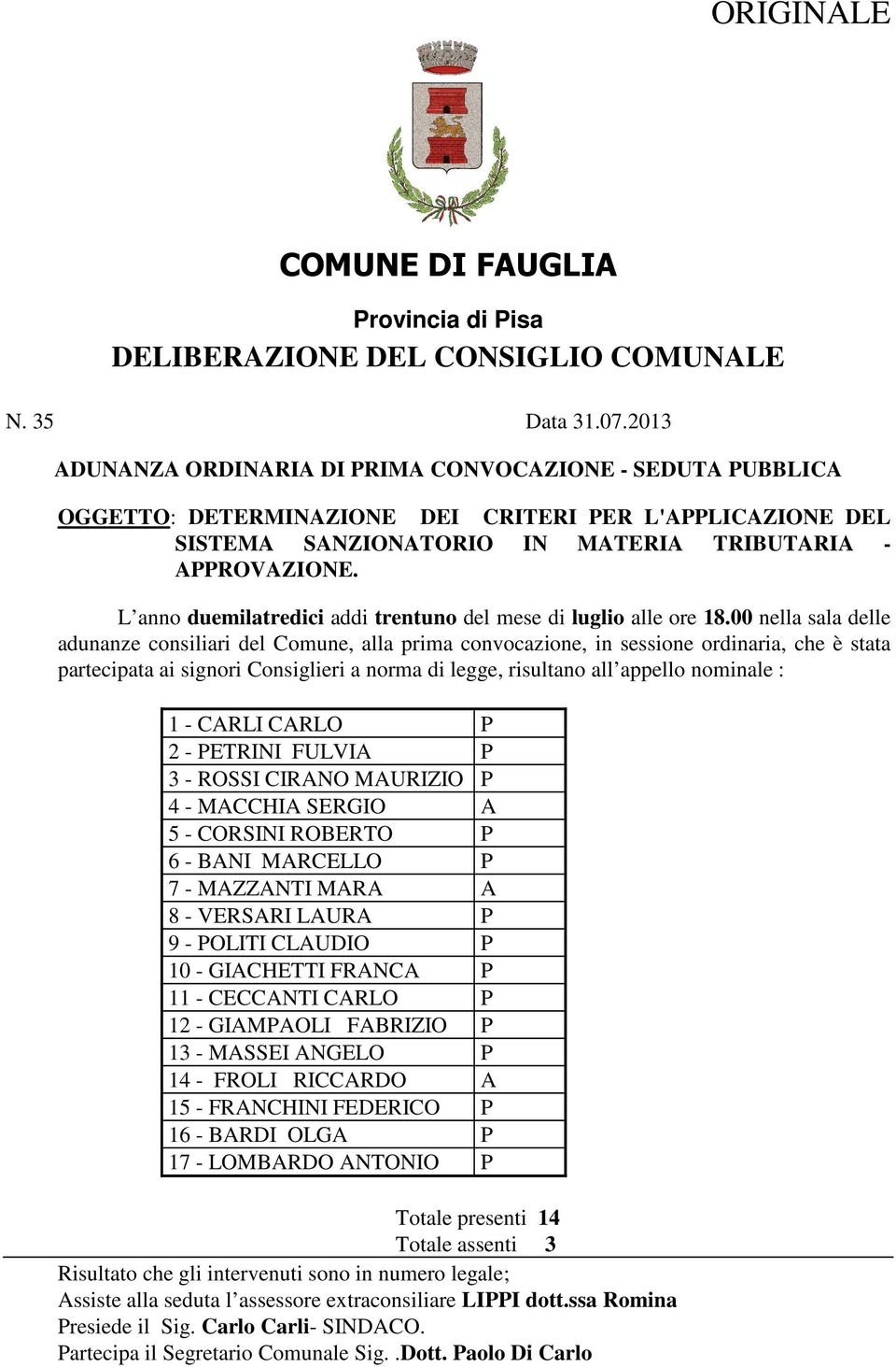 L anno duemilatredici addi trentuno del mese di luglio alle ore 18.