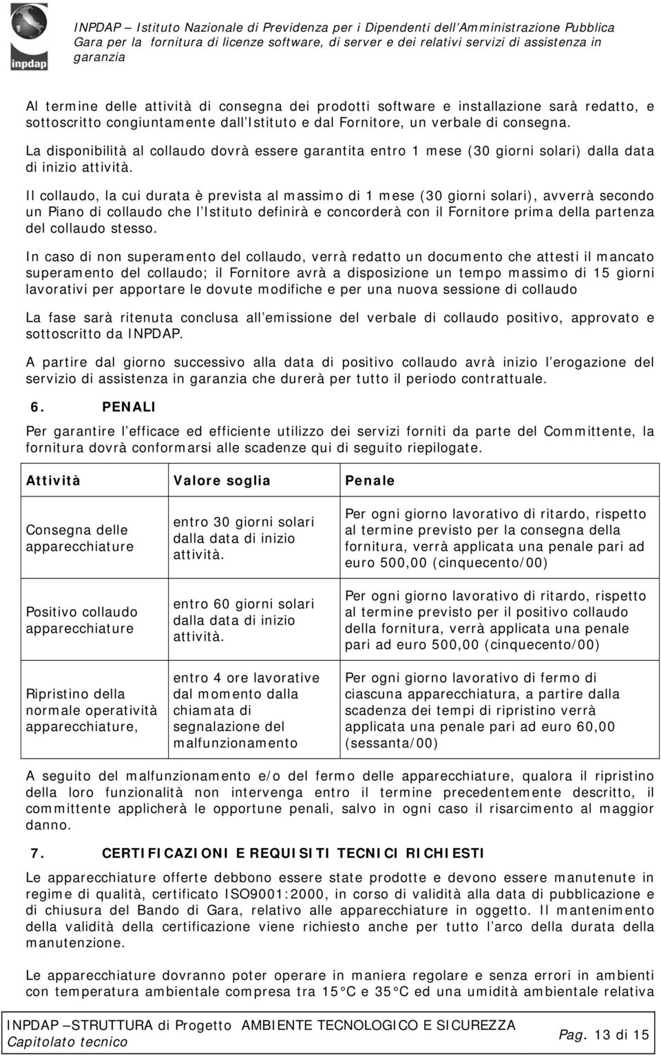 Il collaudo, la cui durata è prevista al massimo di 1 mese (30 giorni solari), avverrà secondo un Piano di collaudo che l Istituto definirà e concorderà con il Fornitore prima della partenza del