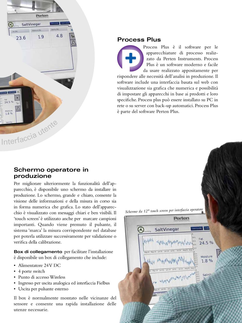 Il software include una interfaccia basata sul web con visualizzazione sia grafica che numerica e possibilità di impostare gli apparecchi in base ai prodotti e loro specifiche.