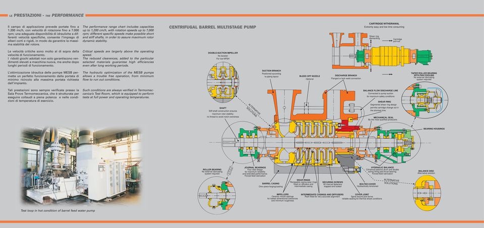 The performance range chart includes capacities up to 1,200 cm/h, with rotation speeds up to 7,000 rpm; different specific speeds make possible short and stiff shafts, in order to assure maximum