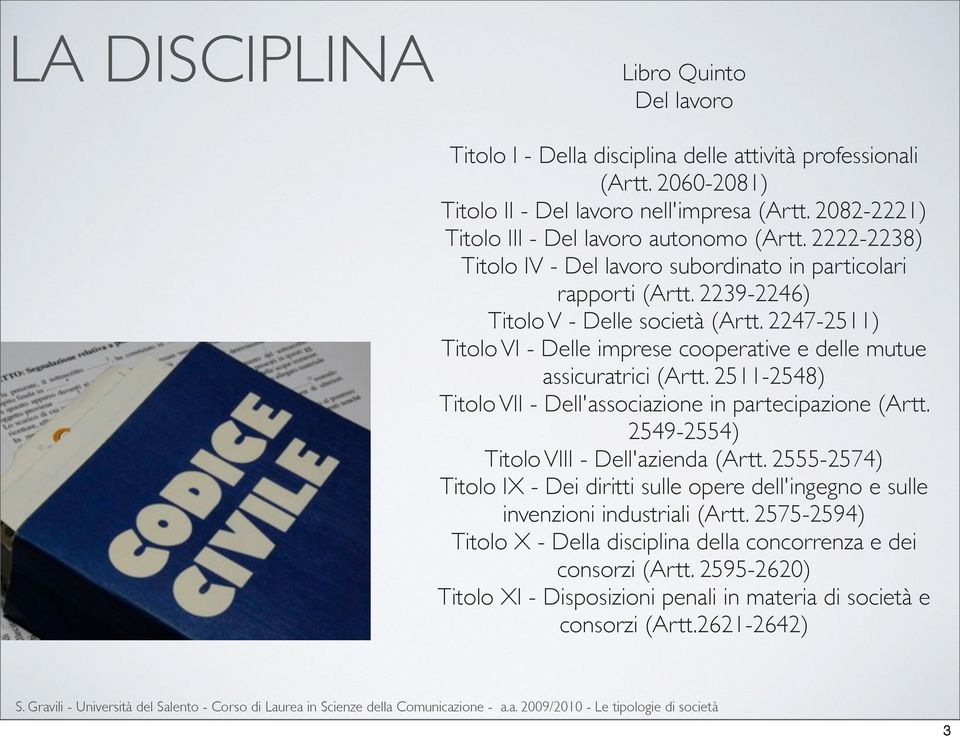 2247-2511) Titolo VI - Delle imprese cooperative e delle mutue assicuratrici (Artt. 2511-2548) Titolo VII - Dell'associazione in partecipazione (Artt. 2549-2554) Titolo VIII - Dell'azienda (Artt.