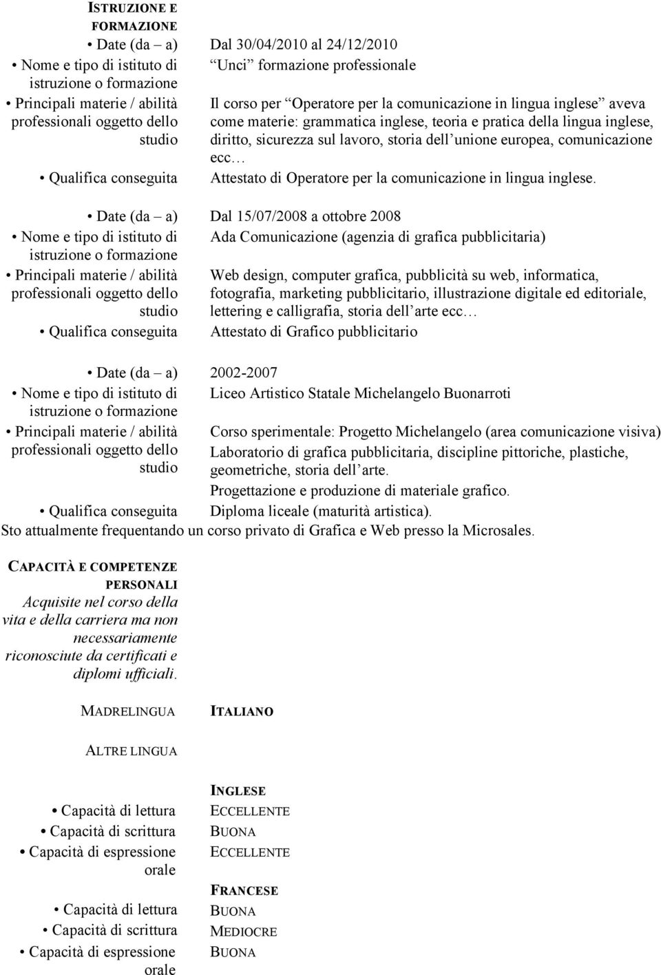 comunicazione ecc Qualifica conseguita Attestato di Operatore per la comunicazione in lingua inglese.