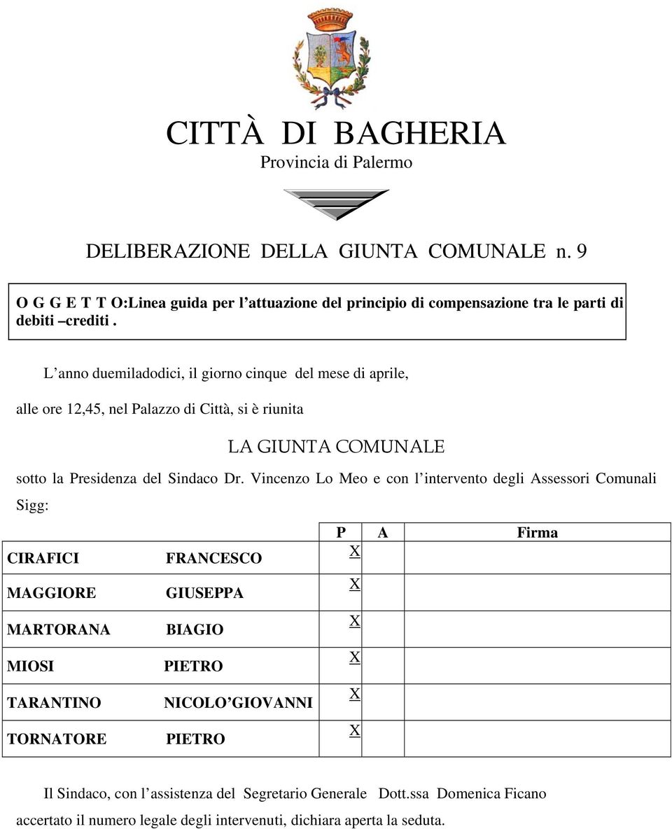 L anno duemiladodici, il giorno cinque del mese di aprile, alle ore 12,45, nel Palazzo di Città, si è riunita LA GIUNTA COMUNALE sotto la Presidenza del Sindaco Dr.