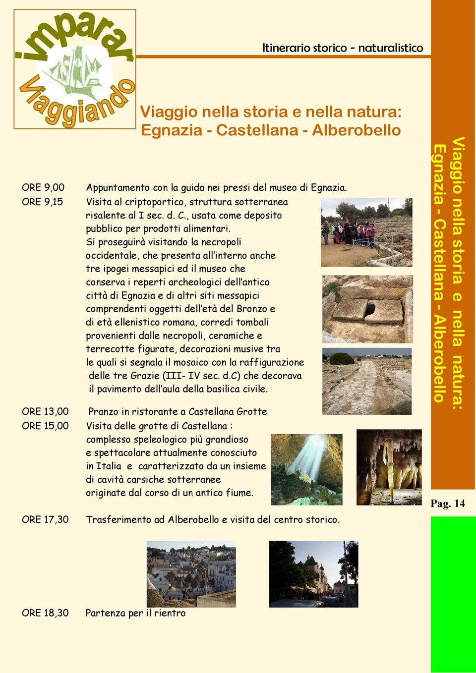 Si proseguirà visitando la necropoli occidentale, che presenta all interno anche tre ipogei messapici ed il museo che conserva i reperti archeologici dell antica città di Egnazia e di altri siti