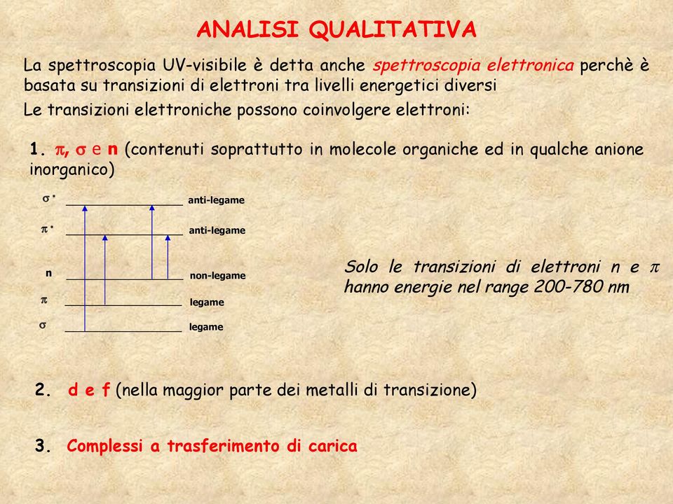 π, σ e n (contenuti soprattutto in molecole organiche ed in qualche anione inorganico) σ anti-legame π anti-legame n non-legame π