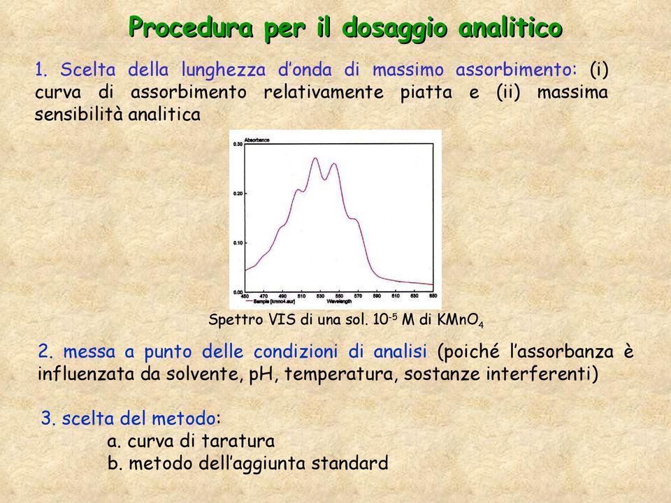 (ii) massima sensibilità analitica Spettro VIS di una sol. 10-5 M di KMnO4 2.