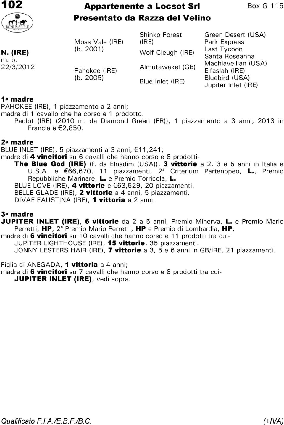 di 1 cavallo che ha corso e 1 prodotto. Padlot (2010 m. da Diamond Green (FR)), 1 piazzamento a 3 anni, 2013 in Francia e 2,850.