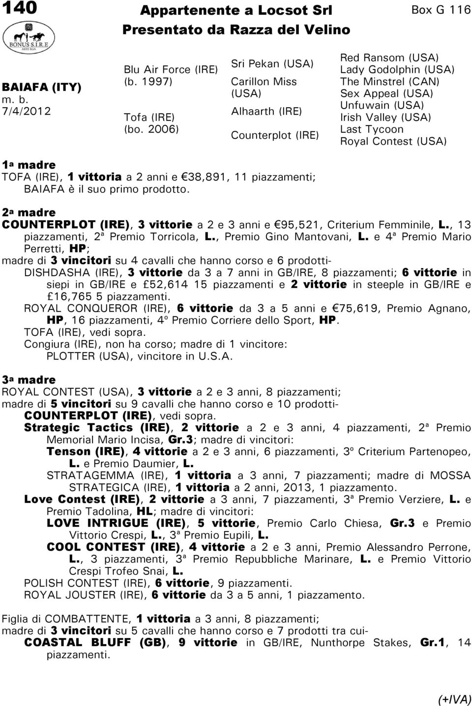 piazzamenti; BAIAFA è il suo primo prodotto. COUNTERPLOT, 3 vittorie a 2 e 3 anni e 95,521, Criterium Femminile, L., 13 piazzamenti, 2 a Premio Torricola, L., Premio Gino Mantovani, L.