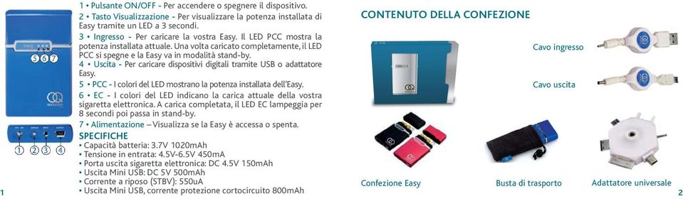 4 Uscita - Per caricare dispositivi digitali tramite USB o adattatore Easy. 5 PCC - I colori del LED mostrano la potenza installata dell Easy.