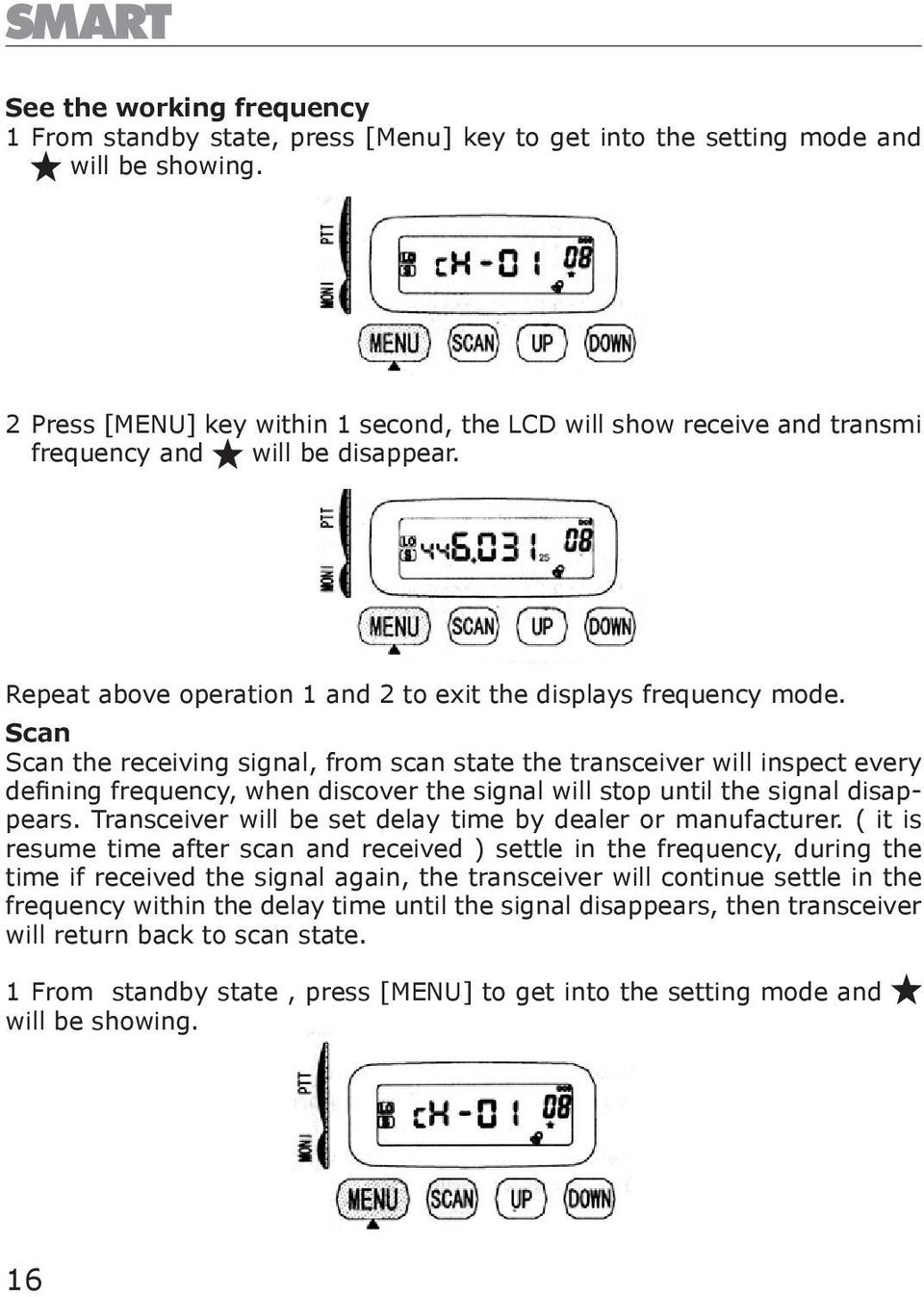 Scan Scan the receiving signal, from scan state the transceiver will inspect every defining frequency, when discover the signal will stop until the signal disappears.