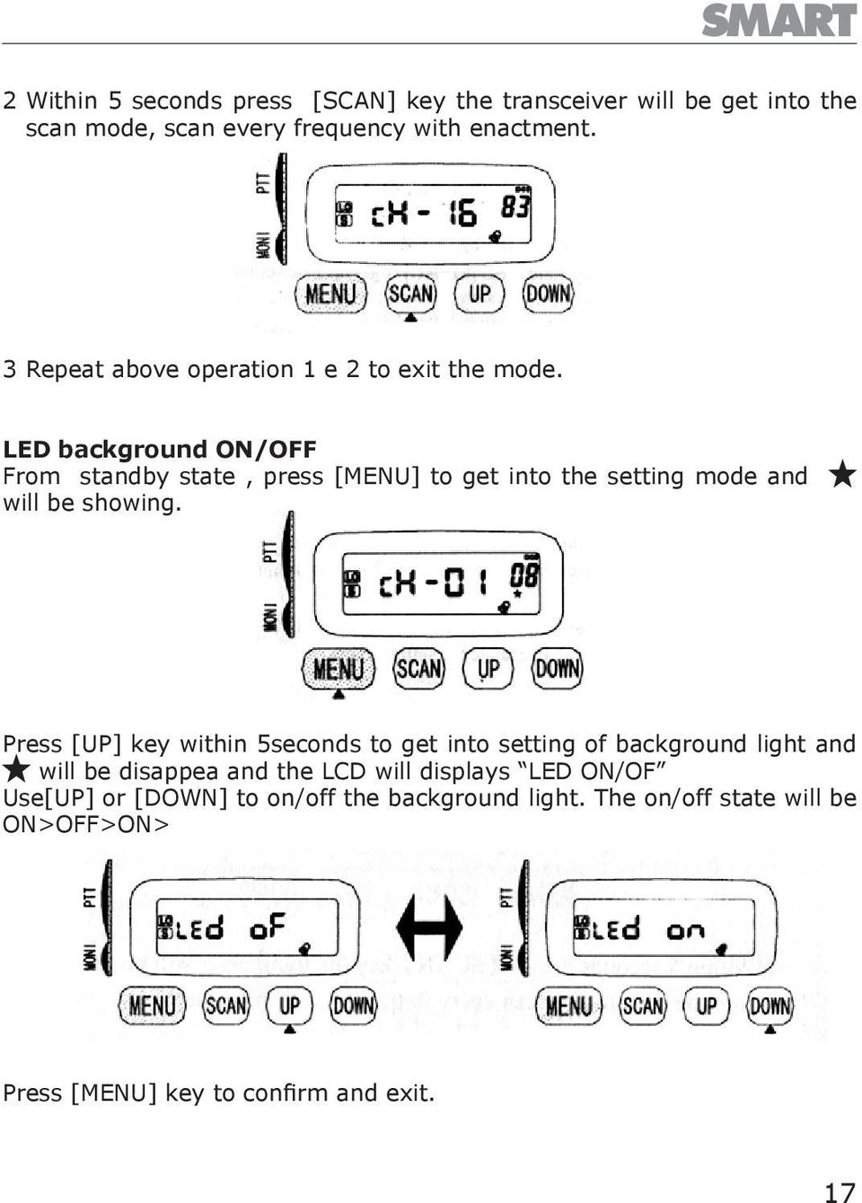 LED background ON/OFF From standby state, press [MENU] to get into the setting mode and will be showing.