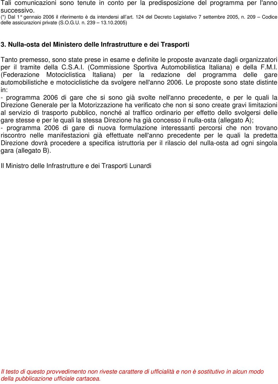 Nulla-osta del Ministero delle Infrastrutture e dei Trasporti Tanto premesso, sono state prese in esame e definite le proposte avanzate dagli organizzatori per il tramite della C.S.A.I. (Commissione Sportiva Automobilistica Italiana) e della F.