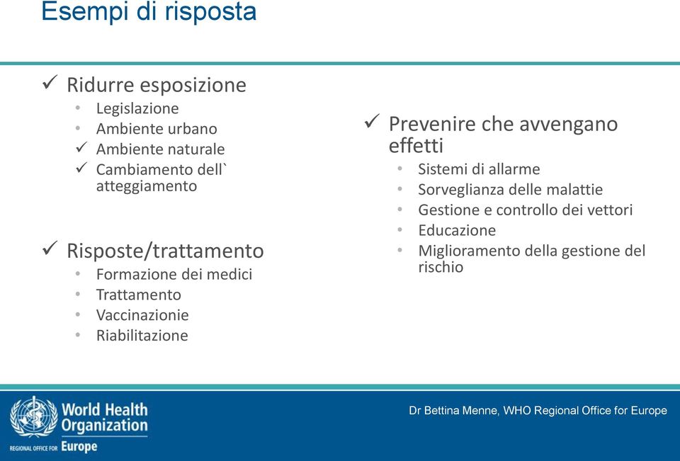 Vaccinazionie Riabilitazione Prevenire che avvengano effetti Sistemi di allarme