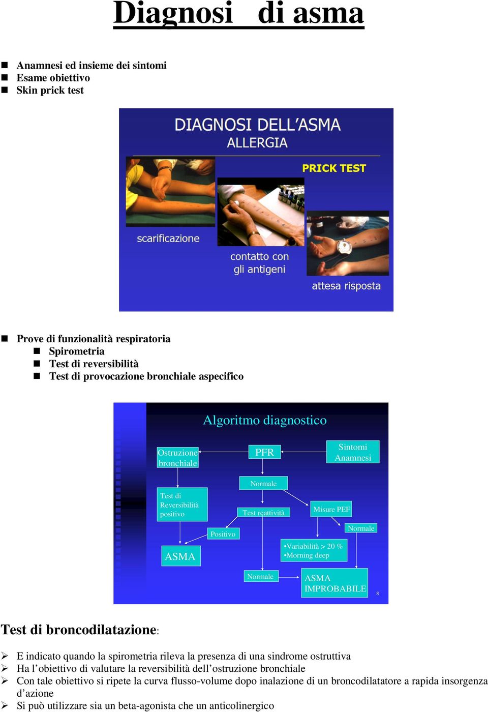 Normale Normale ASMA IMPROBABILE 8 Test di broncodilatazione: E indicato quando la spirometria rileva la presenza di una sindrome ostruttiva Ha l obiettivo di valutare la reversibilità dell