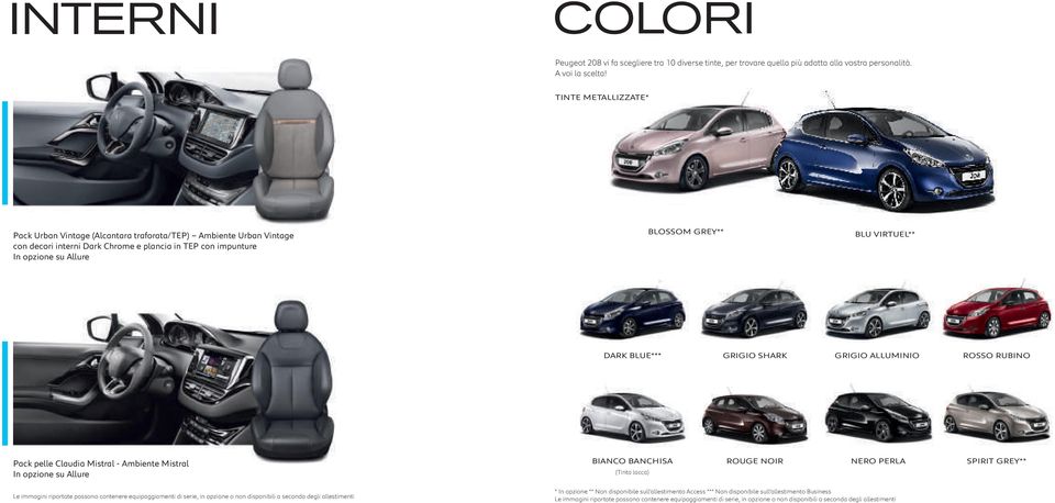 DARK BLUE*** GRIGIO SHARK GRIGIO ALLUMINIO ROSSO RUBINO Pack pelle Claudia Mistral - Ambiente Mistral In opzione su Allure BIANCO BANCHISA (Tinta lacca) ROUGE NOIR NERO PERLA SPIRIT GREY** Le