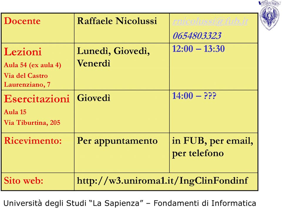 15 Via Tiburtina, 205 Lunedì, Giovedì, Venerdì 0654803323 12:00 13:30 Giovedì