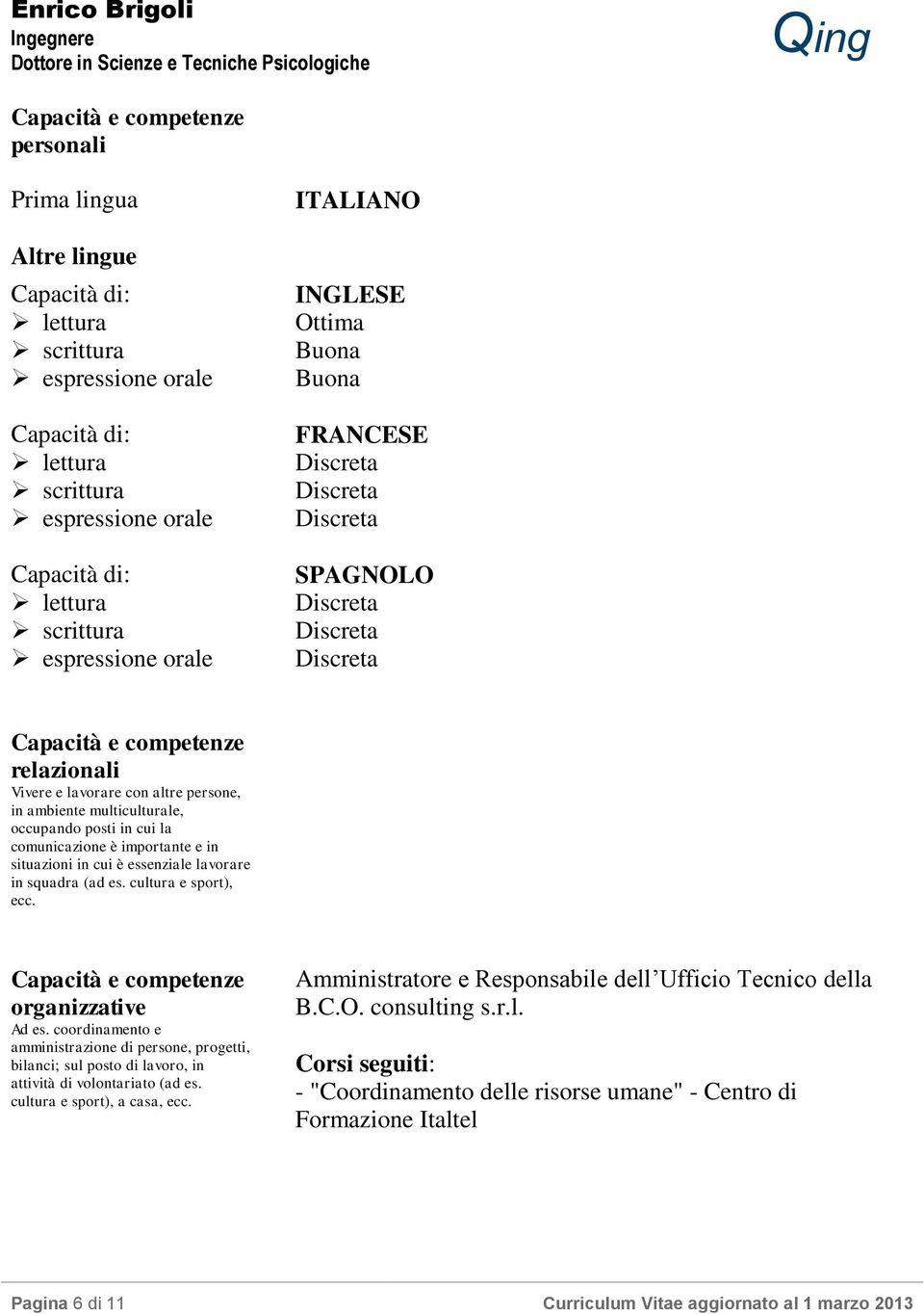 è importante e in situazioni in cui è essenziale lavorare in squadra (ad es. cultura e sport), ecc. Capacità e competenze organizzative Ad es.