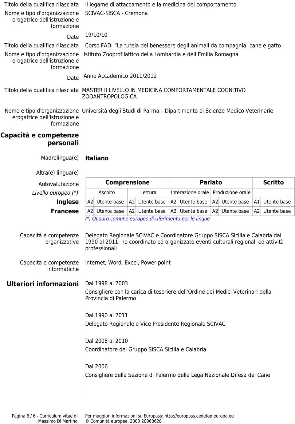 Dipartimento di Scienze Medico Veterinarie Madrelingua(e) Italiano Altra(e) lingua(e) Autovalutazione Comprensione Parlato Scritto Livello europeo (*) Ascolto Lettura Interazione orale Produzione