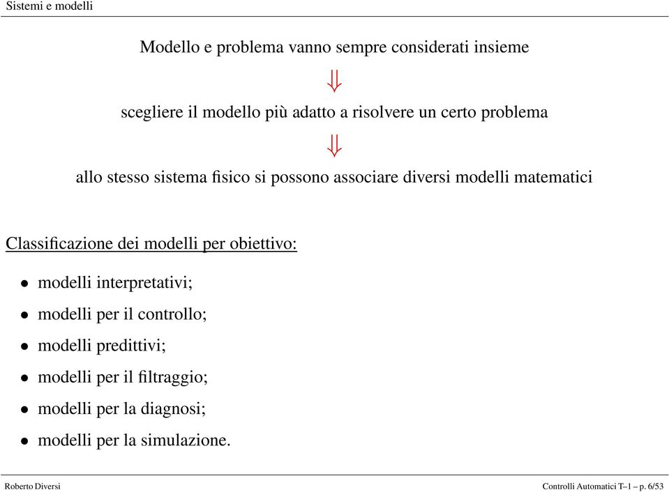 Classificazione dei modelli per obiettivo: modelli interpretativi; modelli per il controllo; modelli