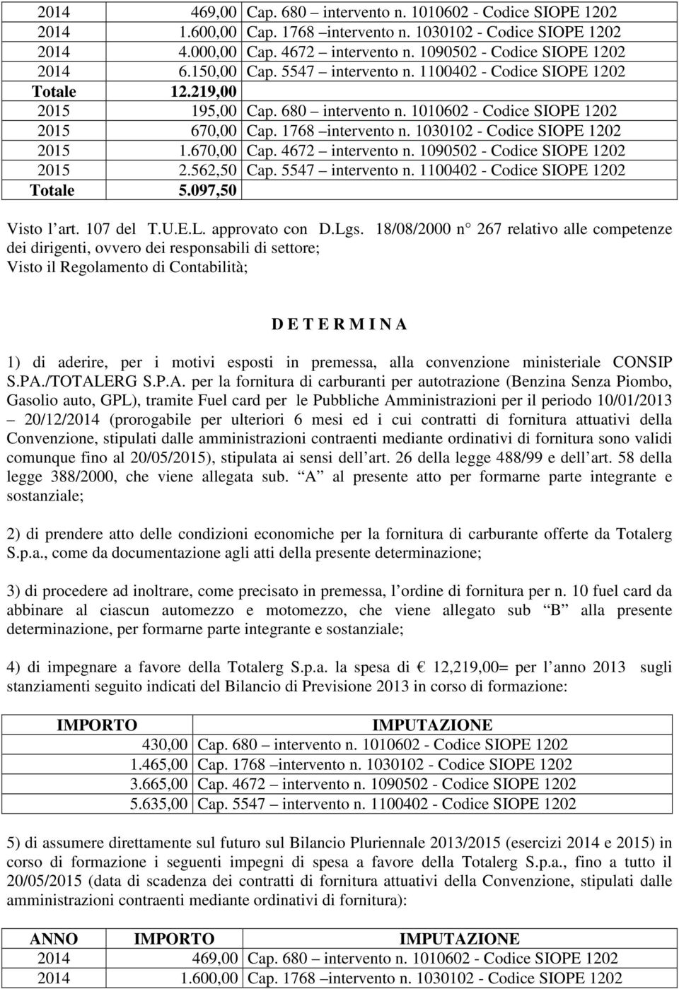 1768 intervento n. 1030102 - Codice SIOPE 1202 2015 1.670,00 Cap. 4672 intervento n. 1090502 - Codice SIOPE 1202 2015 2.562,50 Cap. 5547 intervento n. 1100402 - Codice SIOPE 1202 Totale 5.