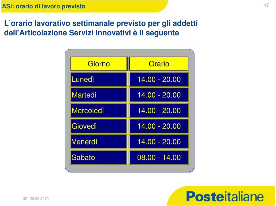 seguente Giorno Orario Lunedì 14.00-20.00 Martedì 14.00-20.00 Mercoledì 14.