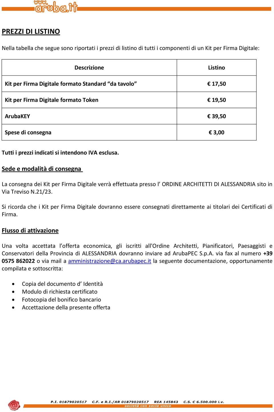 Sede e modalità di consegna La consegna dei Kit per Firma Digitale verrà effettuata presso l ORDINE ARCHITETTI DI ALESSANDRIA sito in Via Treviso N.21/23.