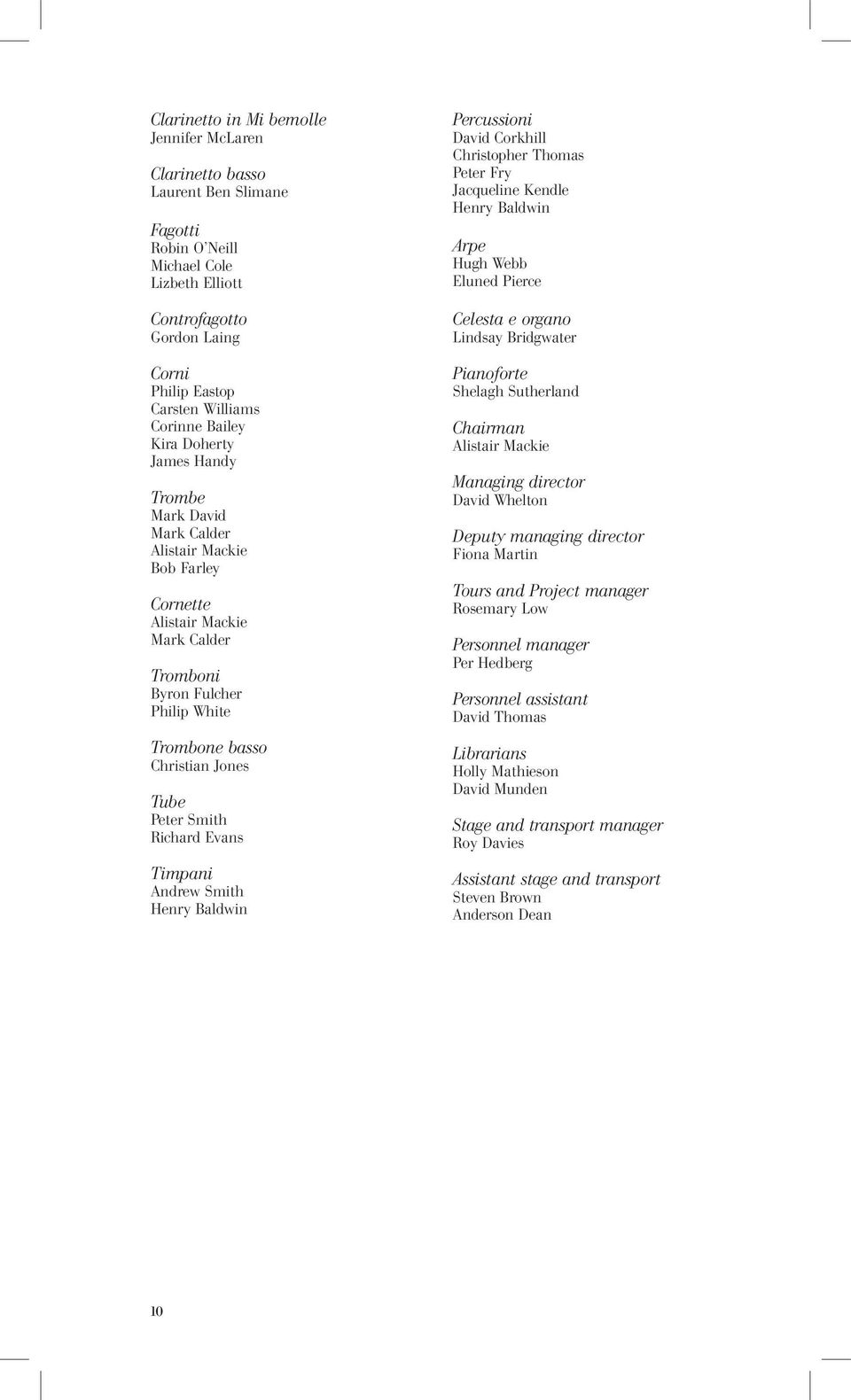 Jones Tube Peter Smith Richard Evans Timpani Andrew Smith Henry Baldwin Percussioni David Corkhill Christopher Thomas Peter Fry Jacqueline Kendle Henry Baldwin Arpe Hugh Webb Eluned Pierce Celesta e