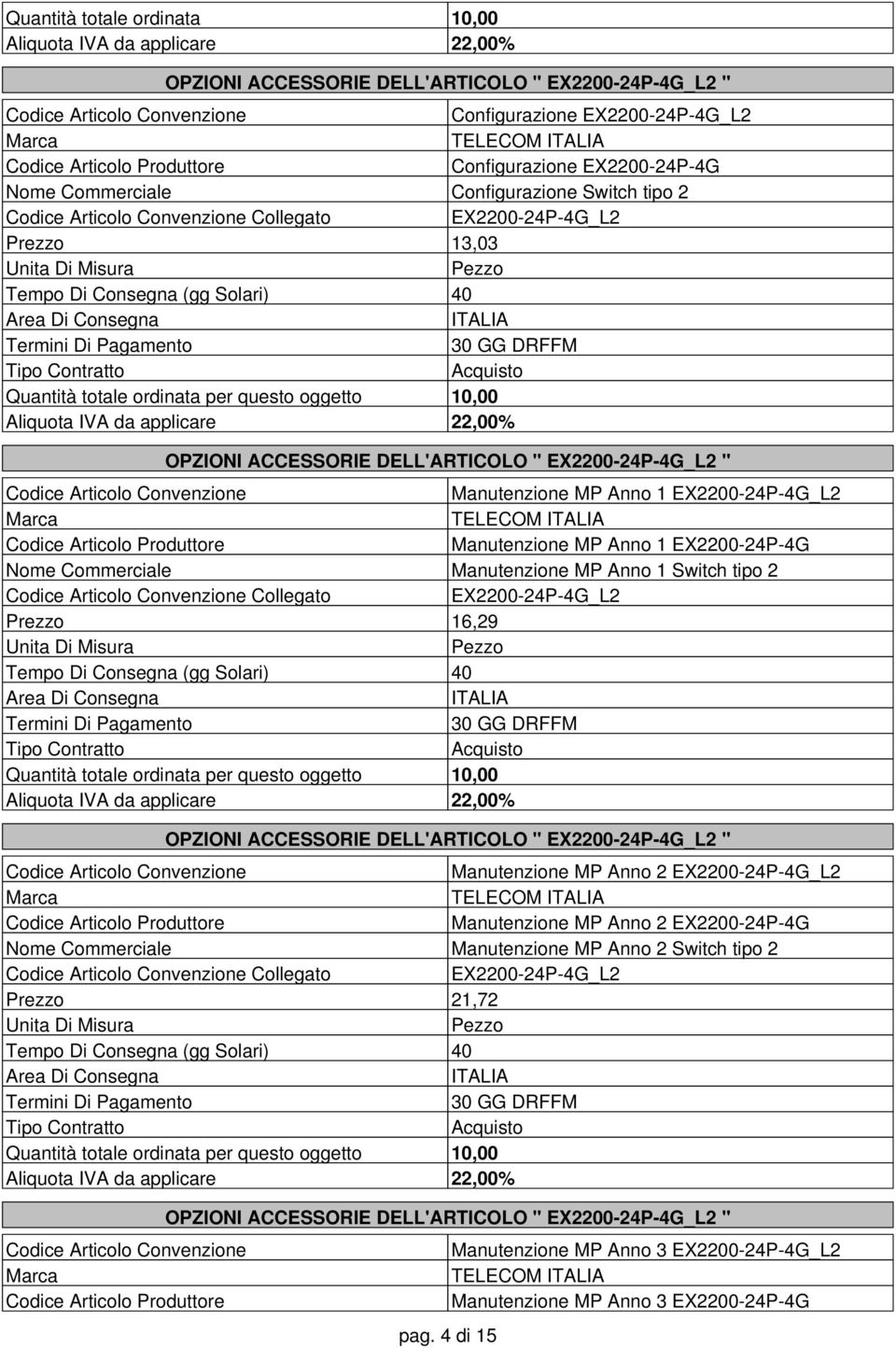 tipo 2 Collegato EX2200-24P-4G_L2 Prezzo 16,29 OPZIONI ACCESSORIE DELL'ARTICOLO " EX2200-24P-4G_L2 " Manutenzione MP Anno 2 EX2200-24P-4G_L2 TELECOM Manutenzione MP Anno 2 EX2200-24P-4G Manutenzione