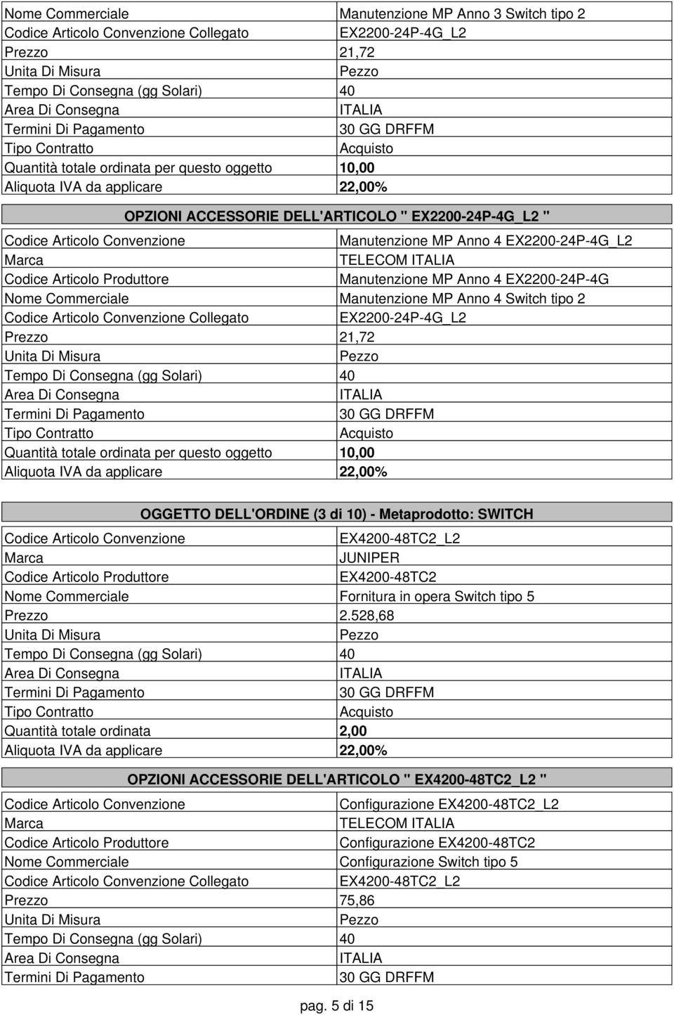 10) - Metaprodotto: SWITCH EX4200-48TC2_L2 JUNIPER EX4200-48TC2 Fornitura in opera Switch tipo 5 Prezzo 2.