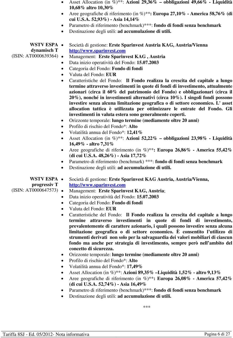 Società di gestione: Erste Sparinvest Austria KAG, Austria/Vienna http://www.sparinvest.com Management: Erste Sparinvest KAG, Austria Data inizio operatività del Fondo: 15.07.