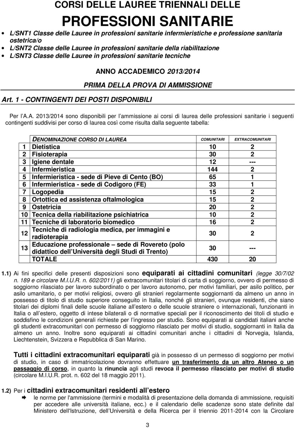 1 - CONTINGENTI DEI POSTI DISPONIBILI Per l A.