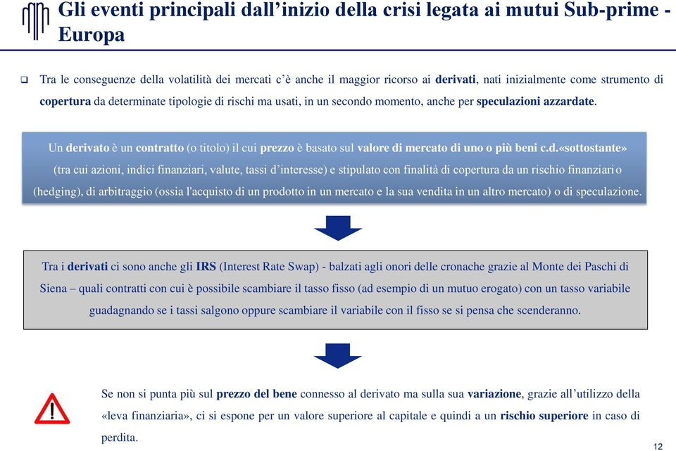 Un derivato è un contratto (o titolo) il cui prezzo è basato sul valore di mercato di uno o più beni c.d.«sottostante» (tra cui azioni, indici finanziari, valute, tassi d interesse) e stipulato con