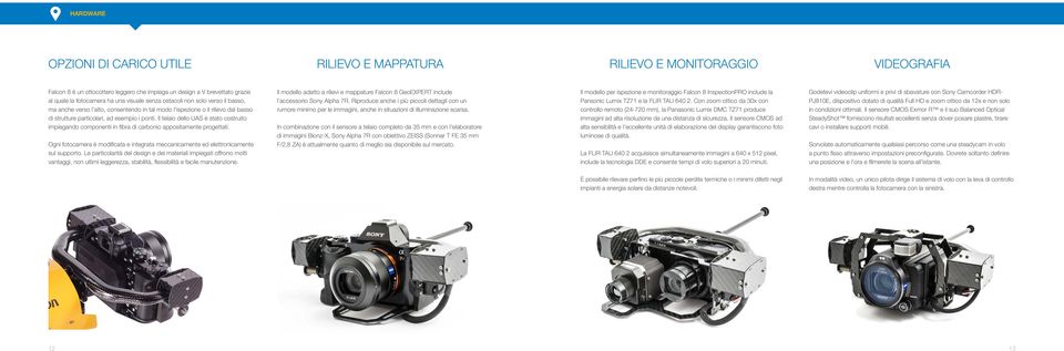 Il telaio dello UAS è stato costruito impiegando componenti in fibra di carbonio appositamente progettati. Ogni fotocamera è modificata e integrata meccanicamente ed elettronicamente sul supporto.