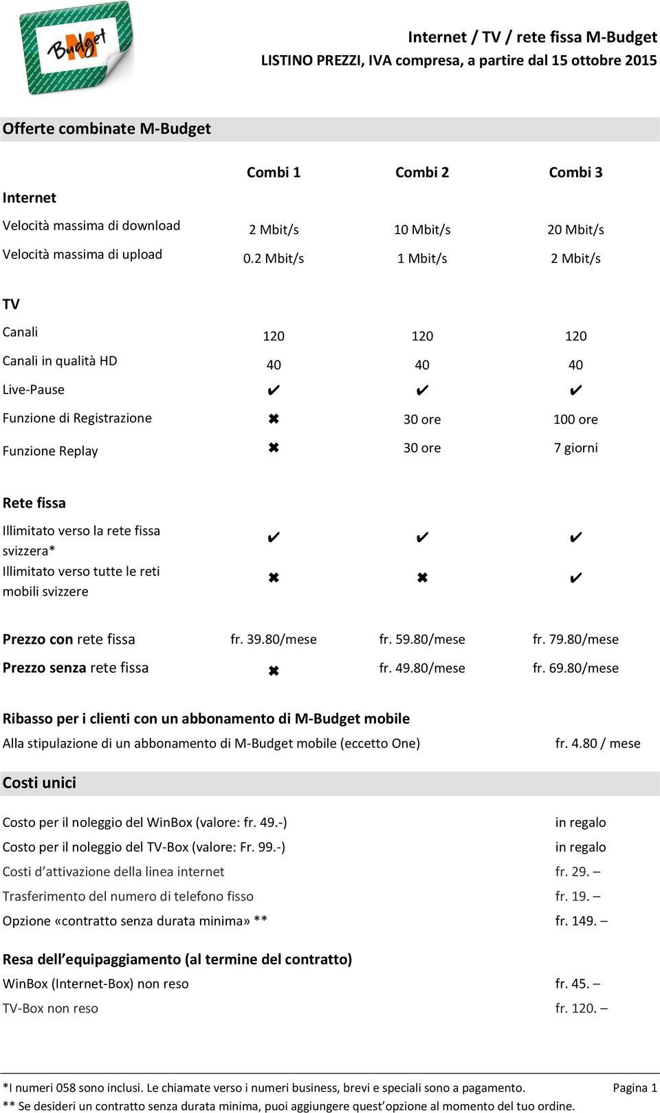 fissa svizzera* Illimitato verso tutte le reti mobili svizzere Prezzo con rete fissa fr. 39.80/mese fr. 59.80/mese fr. 79.80/mese Prezzo senza rete fissa fr. 49.80/mese fr. 69.