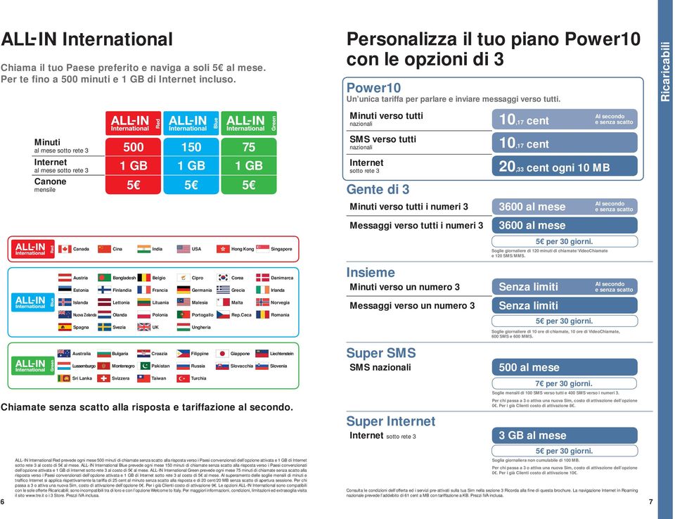 Ricaricabili Minuti verso tutti nazionali 10,17 cent Al secondo e senza scatto Minuti al mese 500 150 75 al mese 1 GB 1 GB 1 GB mensile 5 5 5 Canada Cina India USA Hong Kong Singapore Austria