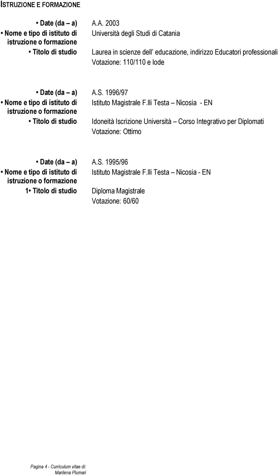 A. 2003 Nome e tipo di istituto di Università degli Studi di Catania istruzione o formazione Titolo di studio Laurea in scienze dell educazione, indirizzo Educatori