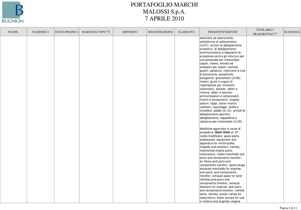 accessori per caschi; occhiali, guanti, calzature, indumenti e tute di protezione, parastinchi, paragomiti, ginocchiere (cl.