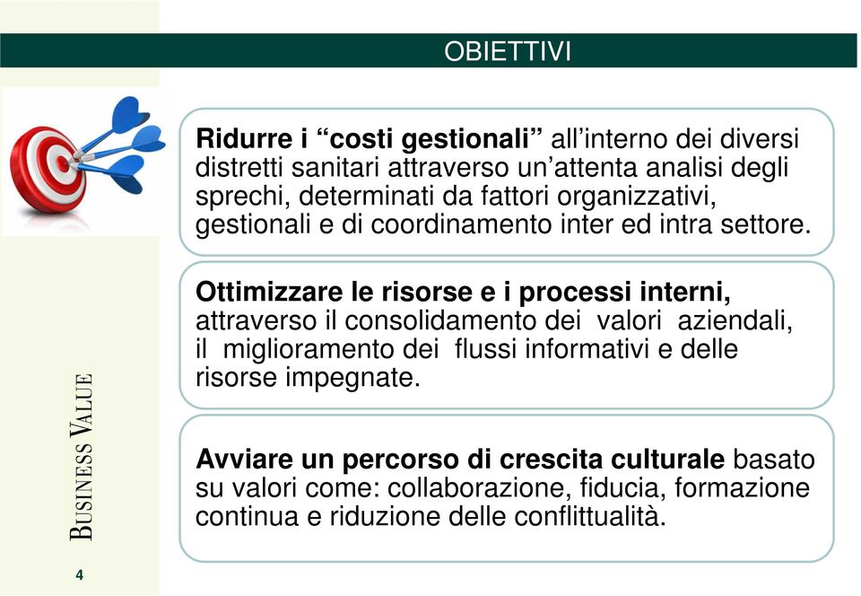 Ottimizzare le risorse e i processi interni, attraverso il consolidamento dei valori aziendali, il miglioramento dei flussi