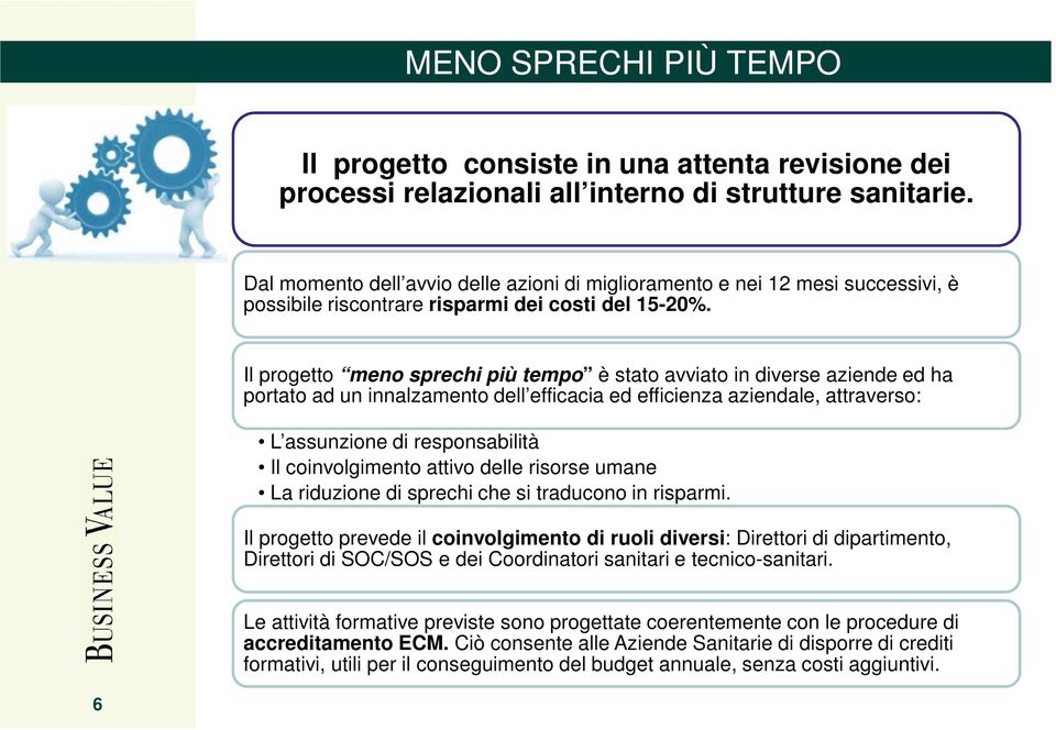 Il progetto meno sprechi più tempo è stato avviato in diverse aziende ed ha portato ad un innalzamento dell efficacia ed efficienza aziendale, attraverso: L assunzione di responsabilità Il