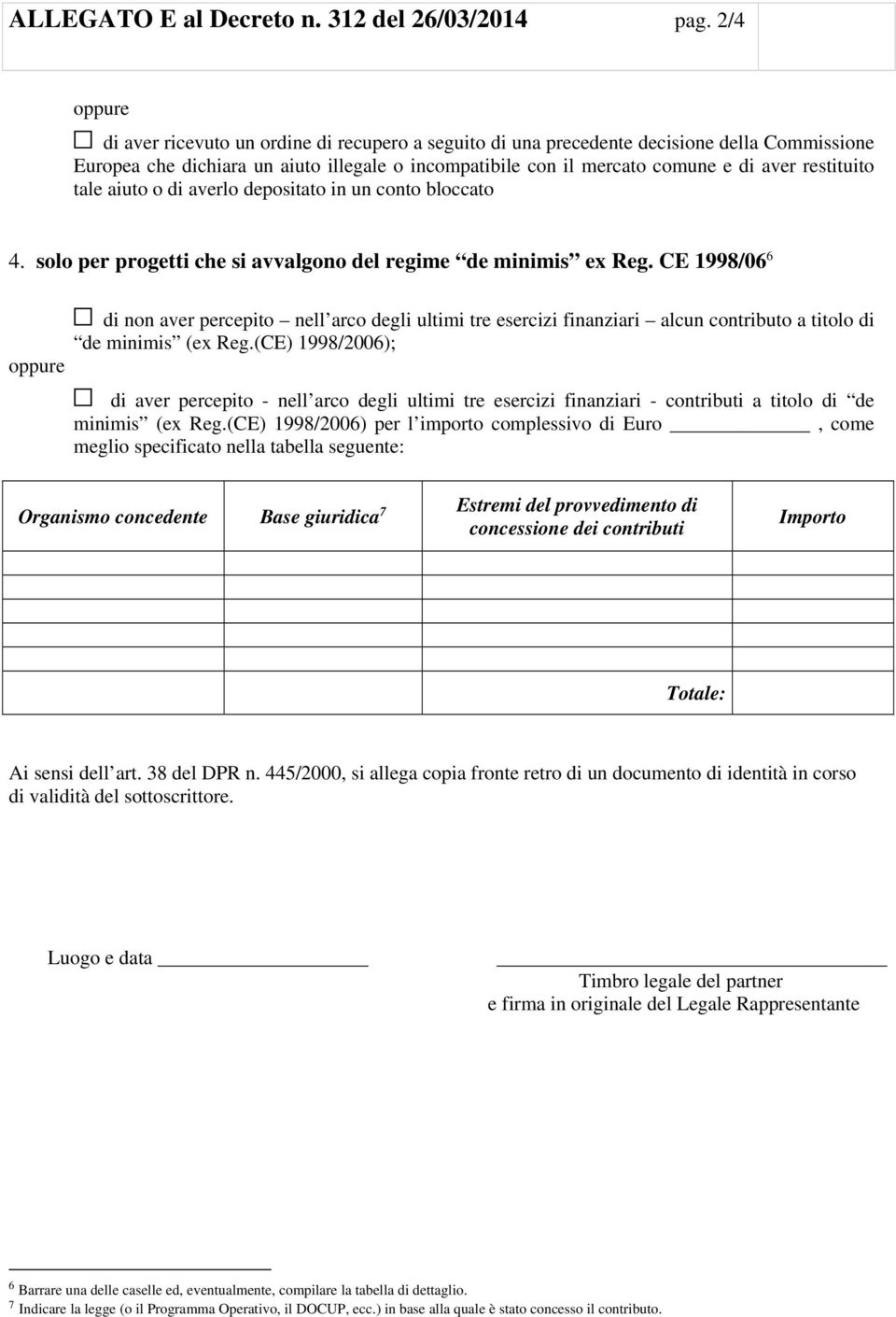 restituito tale aiuto o di averlo depositato in un conto bloccato 4. solo per progetti che si avvalgono del regime de minimis ex Reg.