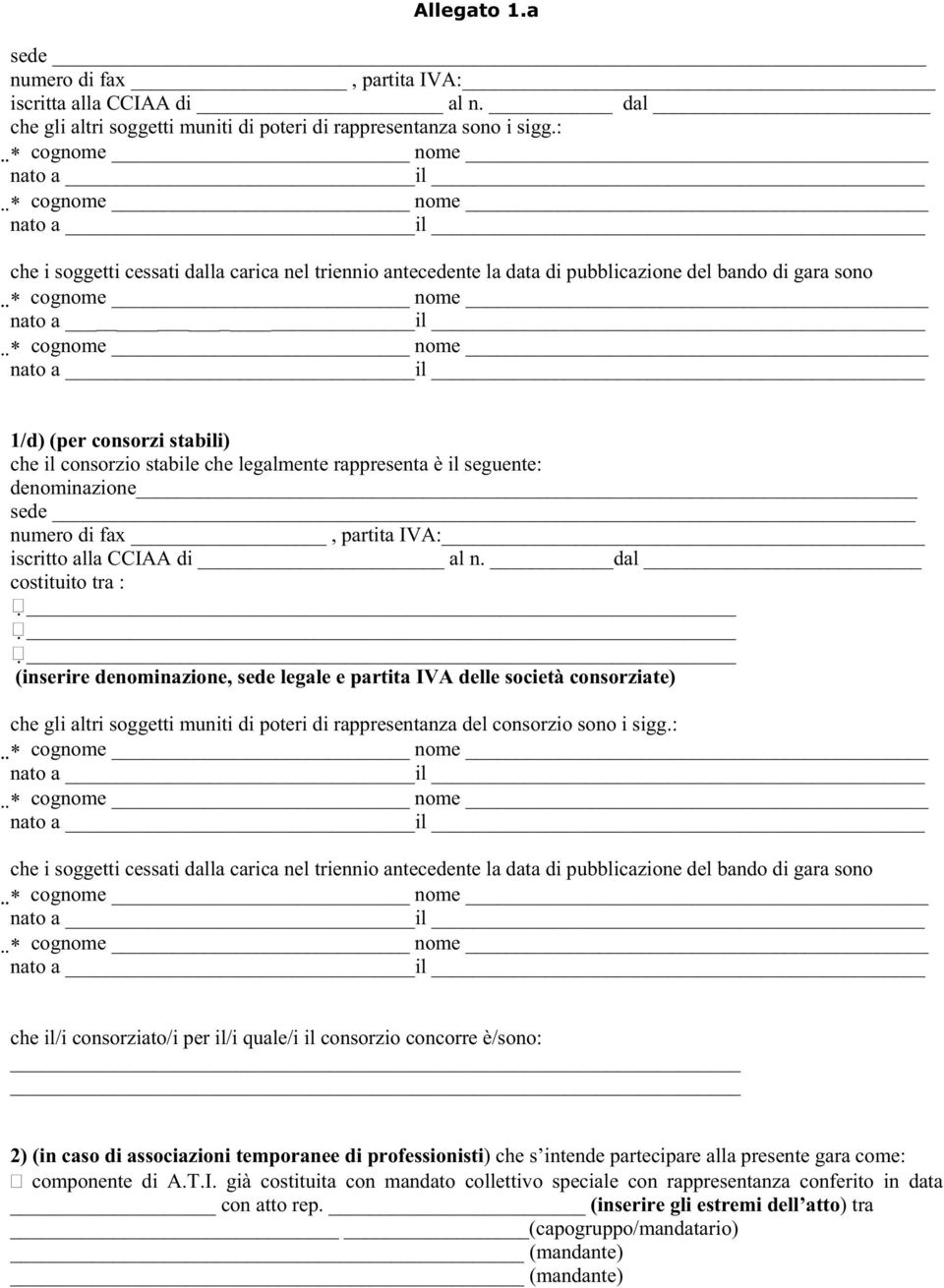 consorzio stabile che legalmente rappresenta è il seguente: denominazione sede numero di fax, partita IVA: iscritto alla CCIAA di al n.