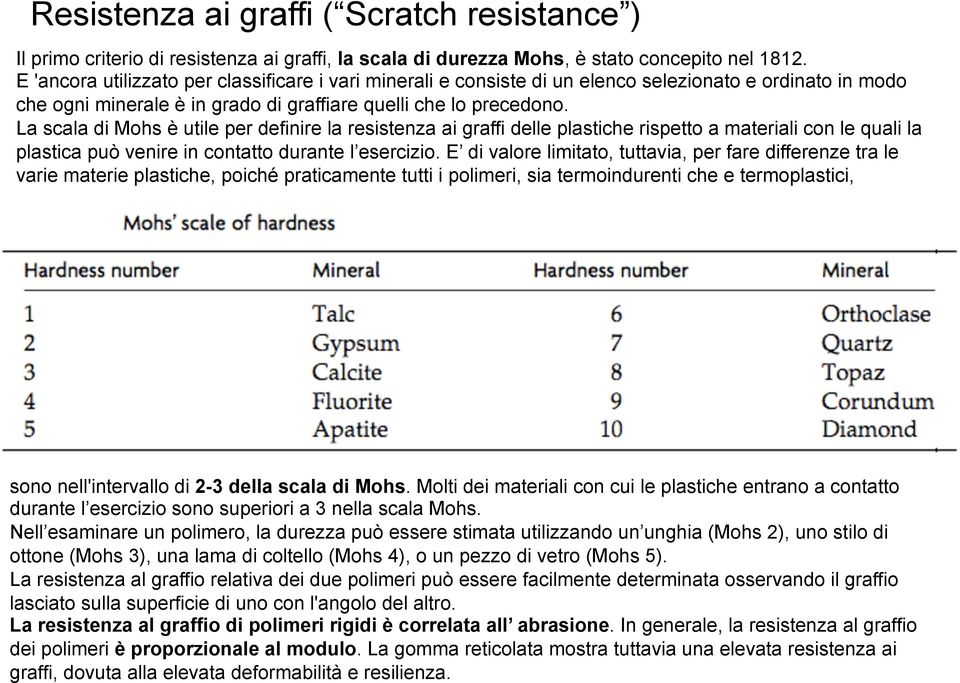 La scala di Mohs è utile per definire la resistenza ai graffi delle plastiche rispetto a materiali con le quali la plastica può venire in contatto durante l esercizio.