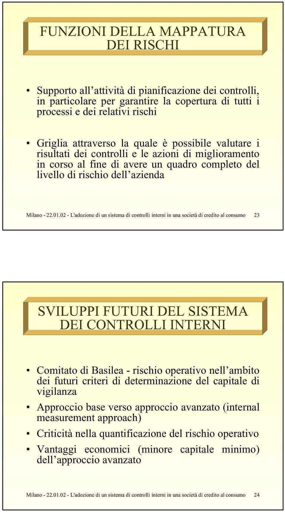 02 - L'adozione di un sistema di controlli interni in una società di credito al consumo 23 SVILUPPI FUTURI DEL SISTEMA DEI CONTROLLI INTERNI Comitato di Basilea - rischio operativo nell ambito dei