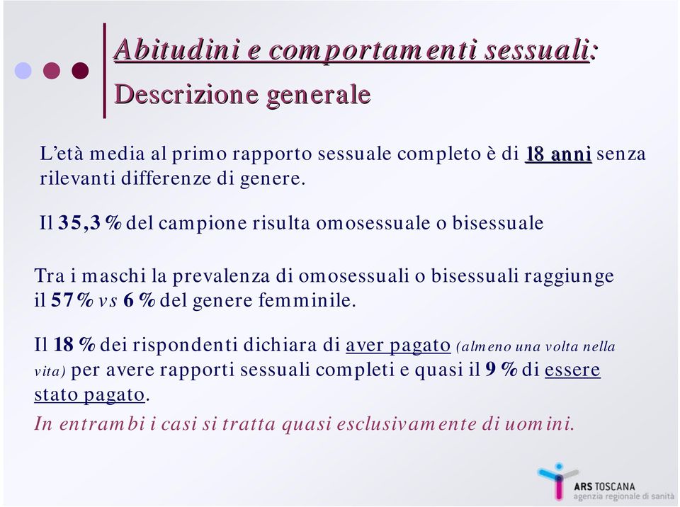 Il 35,3% del campione risulta omosessuale o bisessuale Tra i maschi la prevalenza di omosessuali o bisessuali raggiunge il 57% vs