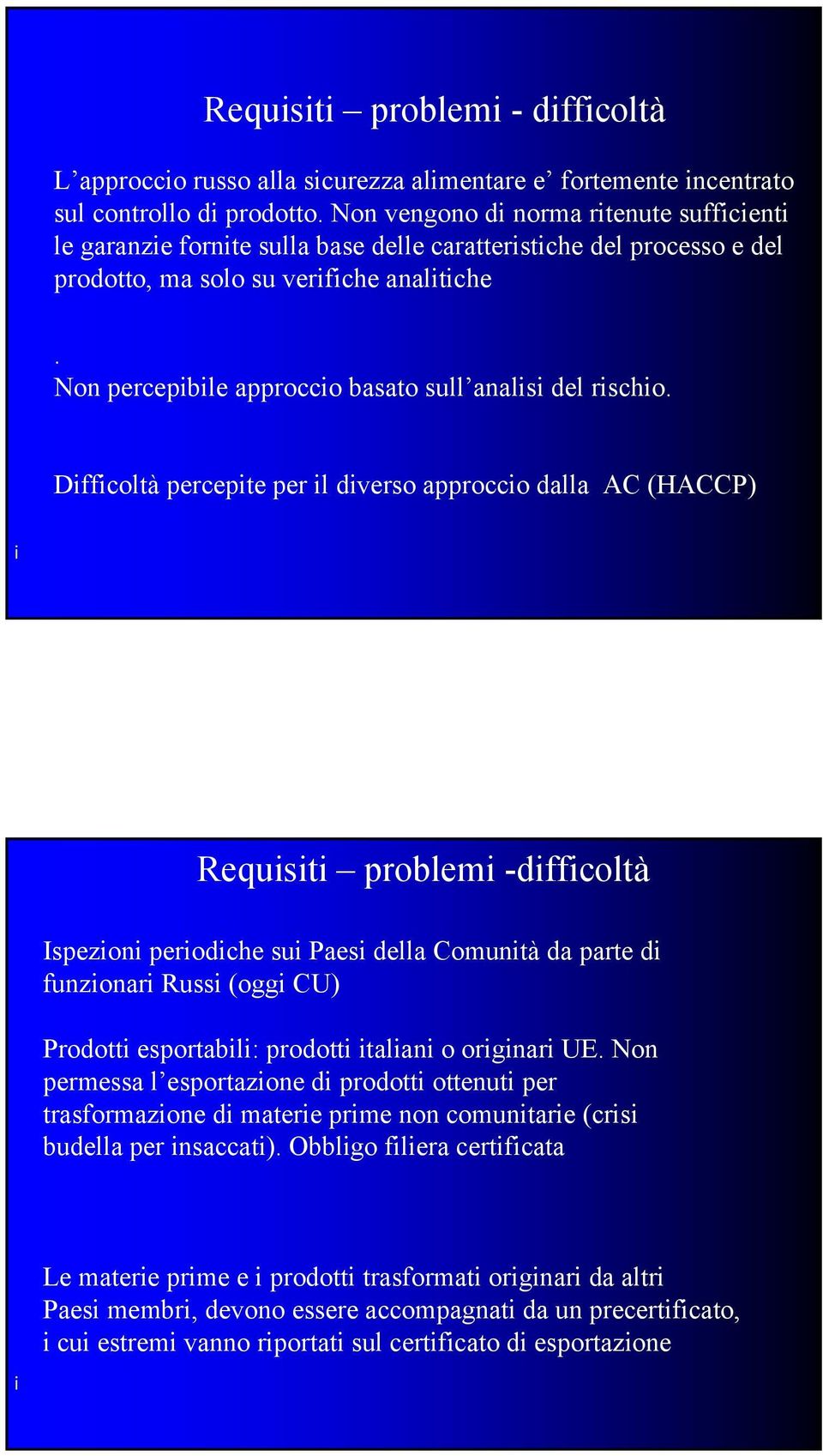 Dffcoltà percepte per l dverso approcco dalla AC (HACCP) Requst problem -dffcoltà Ispezon perodche su Paes della Comuntà da parte d funzonar Russ (ogg CU) Prodott esportabl: prodott talan o orgnar UE.